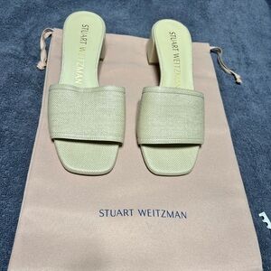 Stuart Weitzman Nude Mules w Raffia textile heel upper.Size 8B New w box $165